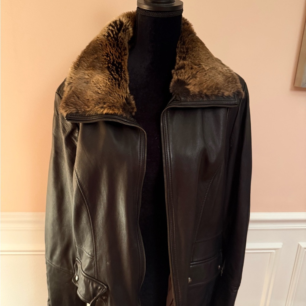 Men's Black Leather Jacket with Faux Fur Collar